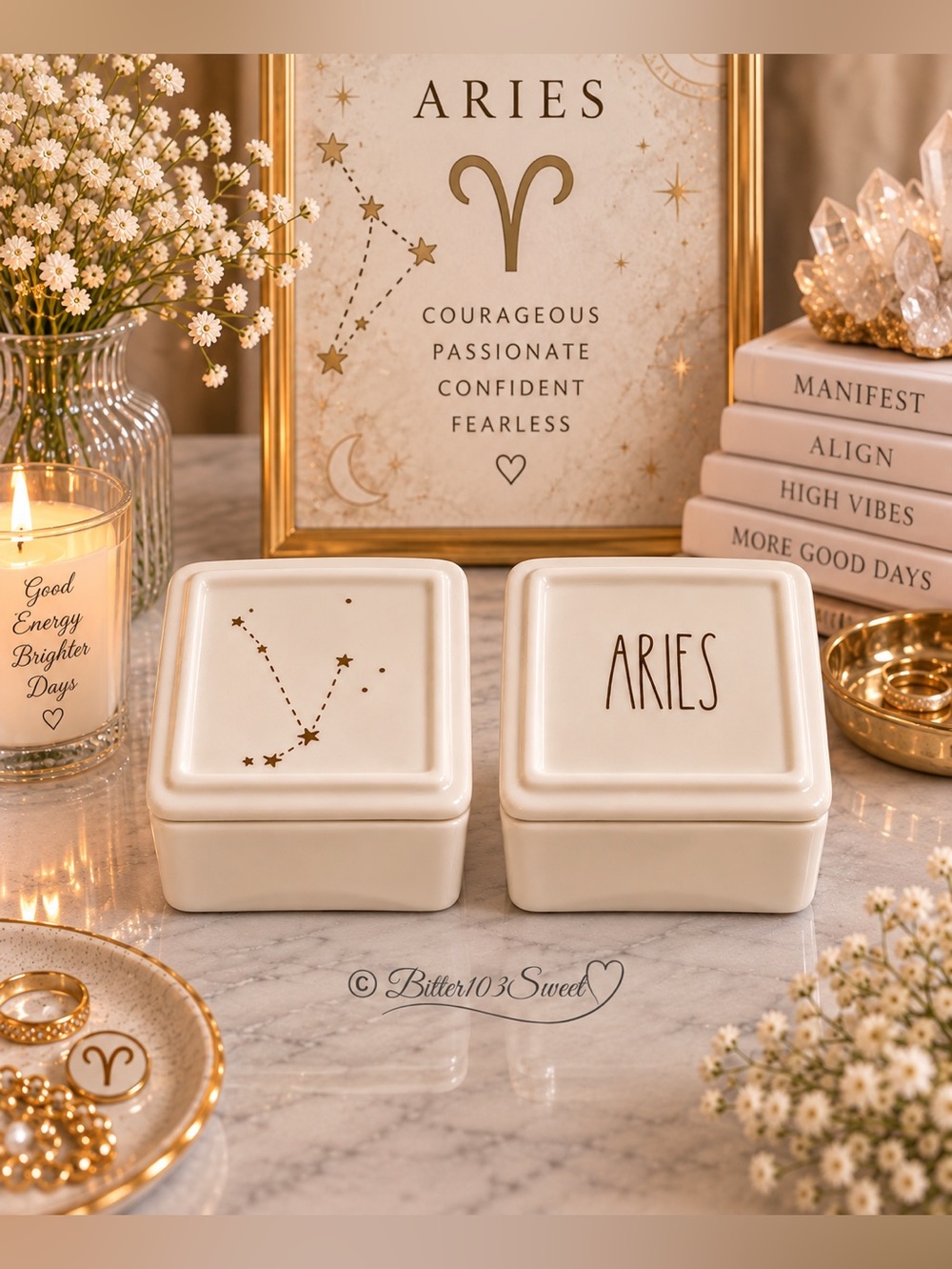 Aries Zodiac Ceramic Trinket Boxes Set of 2 ♈ Astrology Constellation